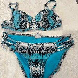 BECCA Turquoise and Black Patterned Bikini